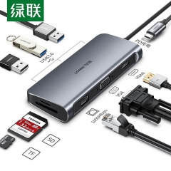 綠聯(lián)Type-C擴(kuò)展塢USB-C轉(zhuǎn)HDMI VGA轉(zhuǎn)換器雷電拓展塢分線器 9合1 HDMI+VGA+讀卡+網(wǎng)卡 深灰色 CM179 40873